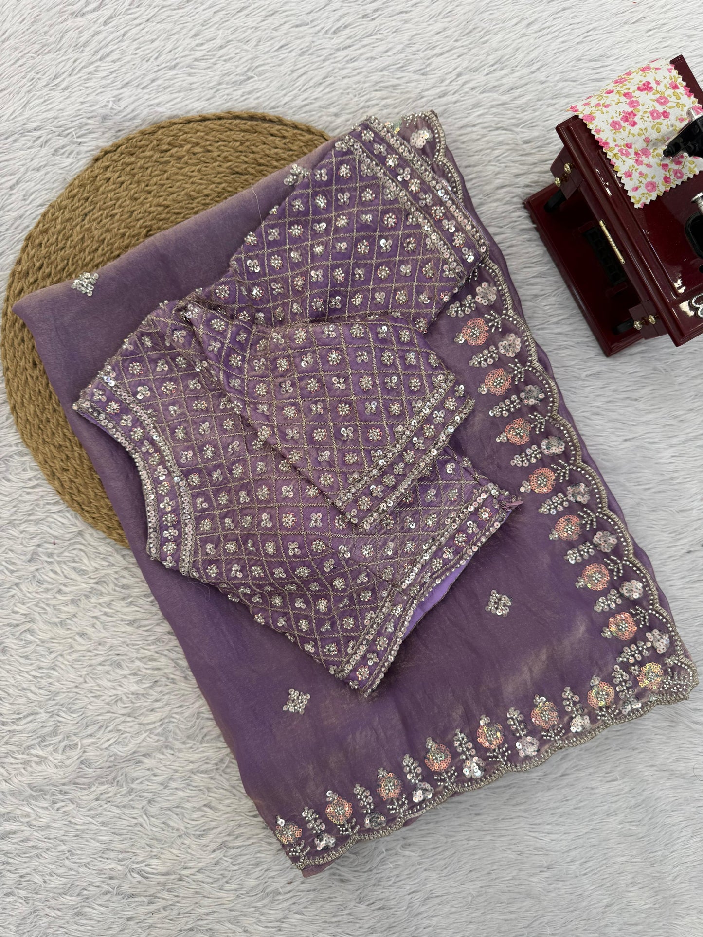 Women Lavender Fendy Silk Heavy Beads & Sequins Embroidered Designer Saree