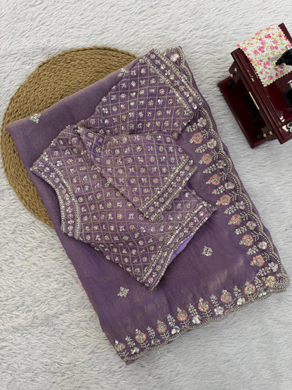 Women Lavender Fendy Silk Heavy Beads & Sequins Embroidered Designer Saree