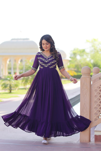 Premium ReadyMade Designer Gown | Faux Blooming Embroidered Party Wear Gown | Rama & Purple