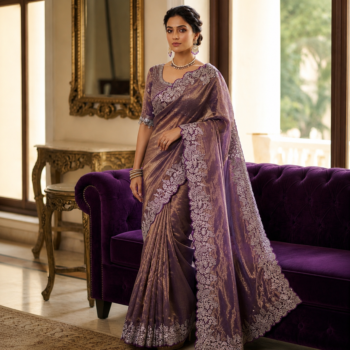 Soft Space Silk Satin Saree With Heavy Embroidery Sequence & Zari Work