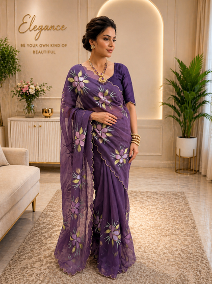 Pure Bari Chiffon Saree with Handwork & Floral Hand Print