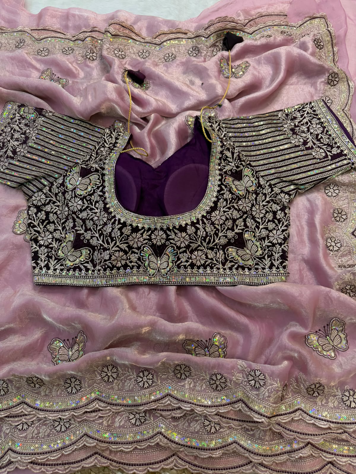 Sabyasachi Inspired Space Silk Saree with Butterfly Embroidery & Stitched Blouse