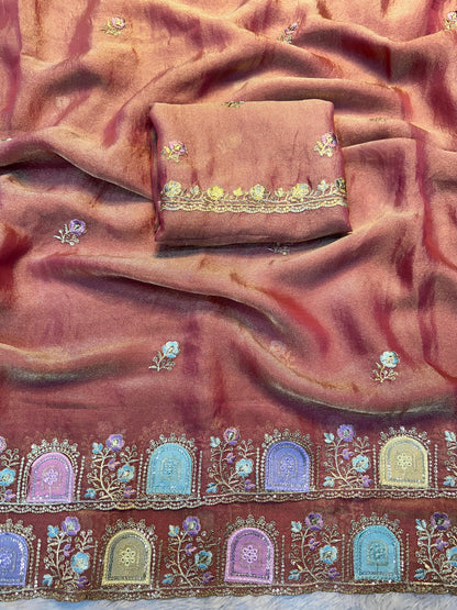 Star Satin Georgette Saree with Thread & Sequins Embroidery Border