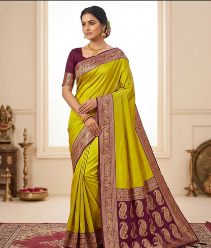 Premium Gala Silk Saree with Meenakari Zari Pallu & Contrast Designer Border