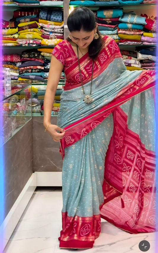 Dull Moss Foil Print Saree with Piping Border & Matching Blouse