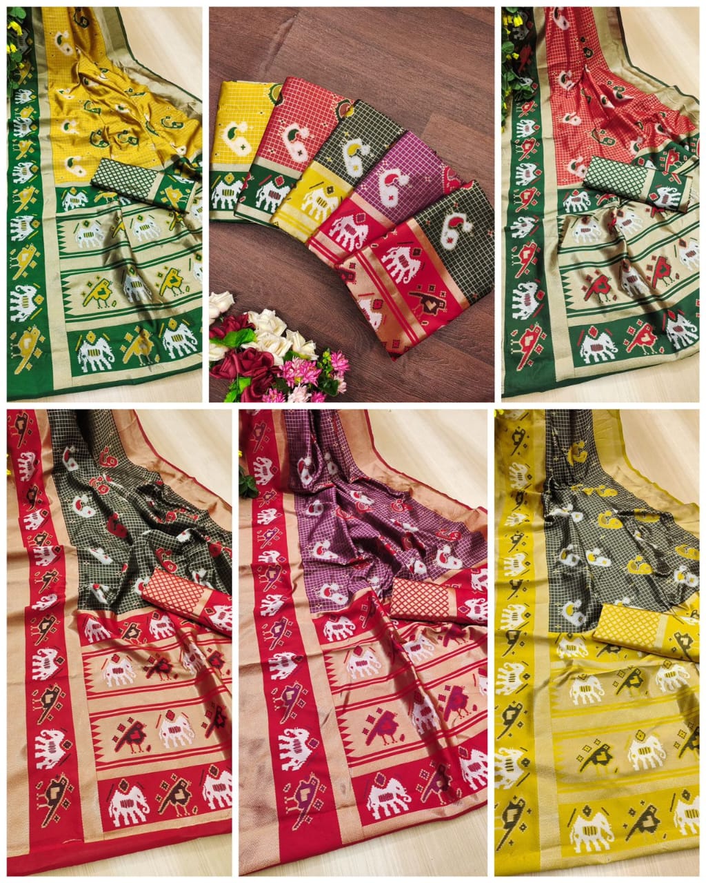 Soft Lichi Printed Saree with Elephant Border