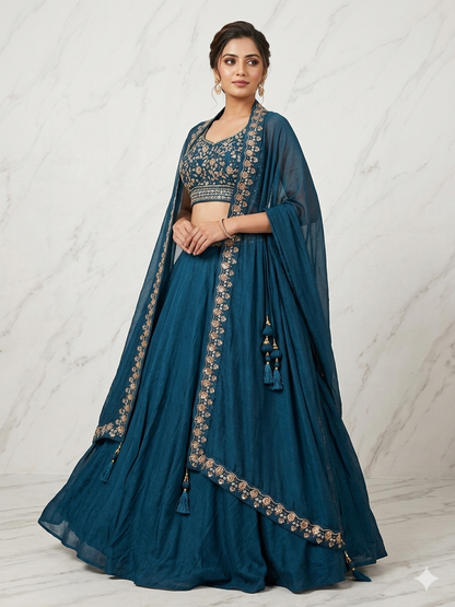 Wedding Special Vichitra Silk Lehenga Choli with Heavy Embroidery & Shrug Style Dupatta