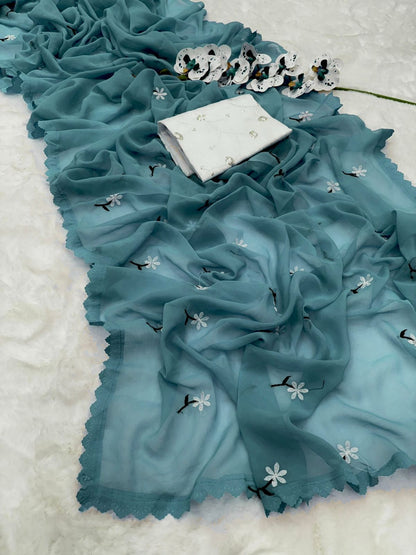 Floral Embroidered Georgette Saree – Lightweight Daily & Party Wear