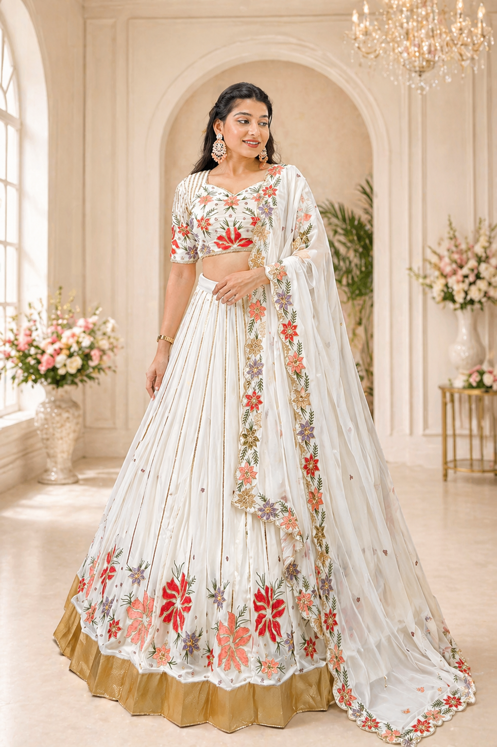 White Embroidered Georgette Lehenga Choli with Dupatta – Wedding & Festive Wear