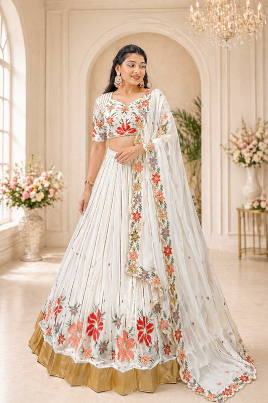 White Embroidered Georgette Lehenga Choli with Dupatta – Wedding & Festive Wear
