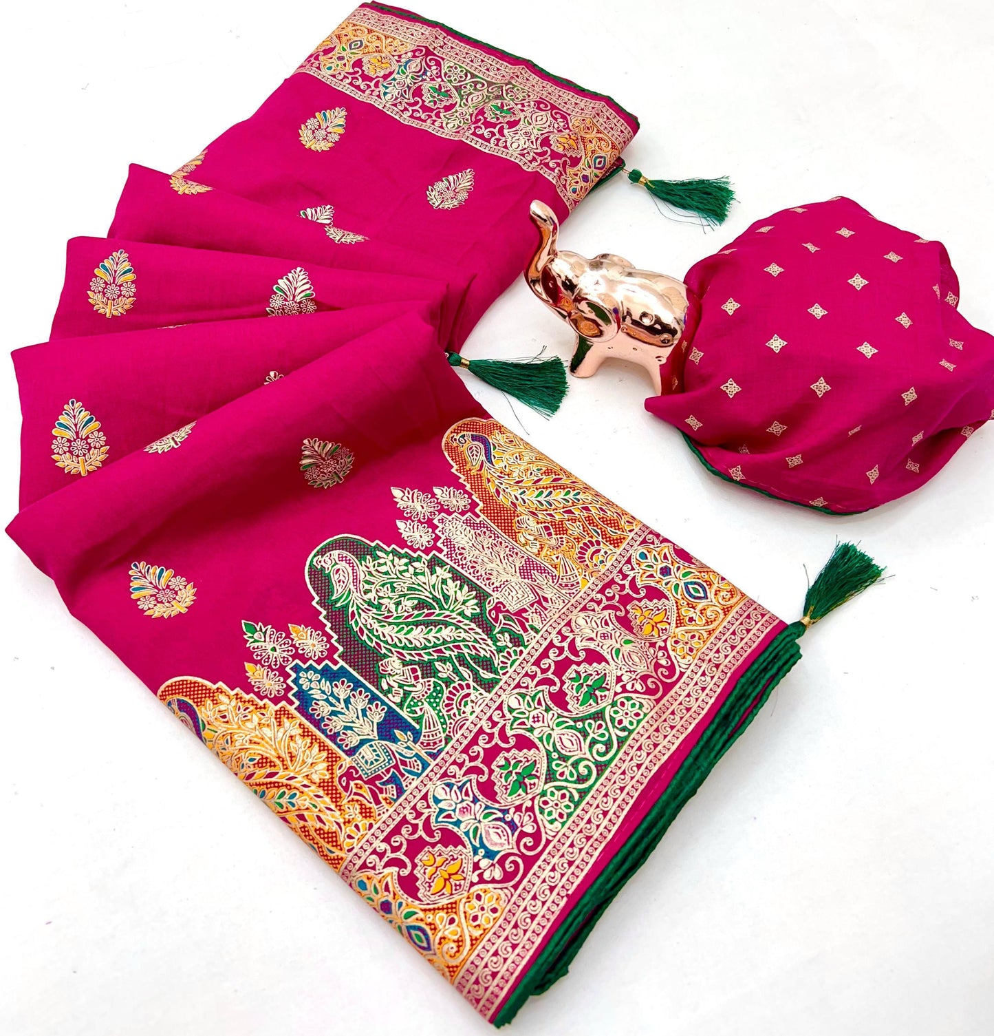 Pure Silk Meenakari Foil Print Designer Saree With Contrast Blouse