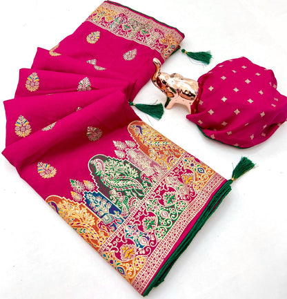 Pure Silk Meenakari Foil Print Designer Saree With Contrast Blouse