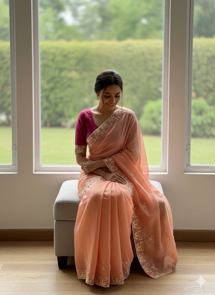 Radha Butterfly Motif Embroidered Crushed Organza Saree