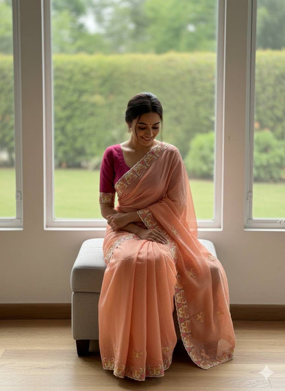 Radha Butterfly Motif Embroidered Crushed Organza Saree