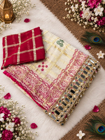 Premium Soft Viscose Checks Weaving Saree with Heavy Mirror Work Border & Unstitched Blouse