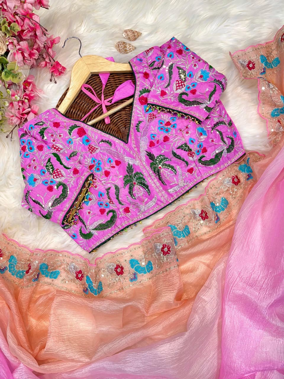 Candy Crush Embroidery Border Saree with Stitched Blouse