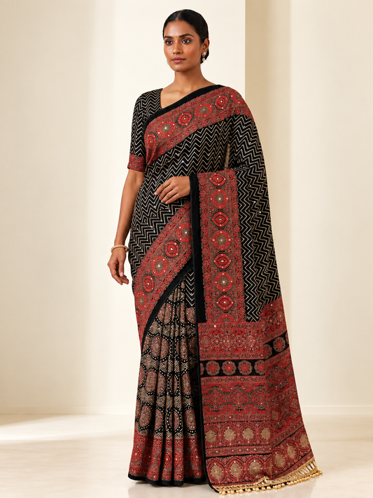 Pure Arjakh Satin Viscose Silk Saree with Original Mirror Work, Designer Print & Blouse