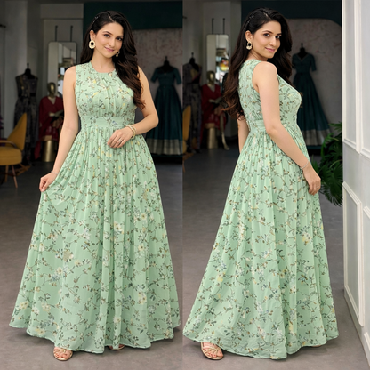 Floral Print Weightless Marble Fabric Long Party Wear Gown Dress