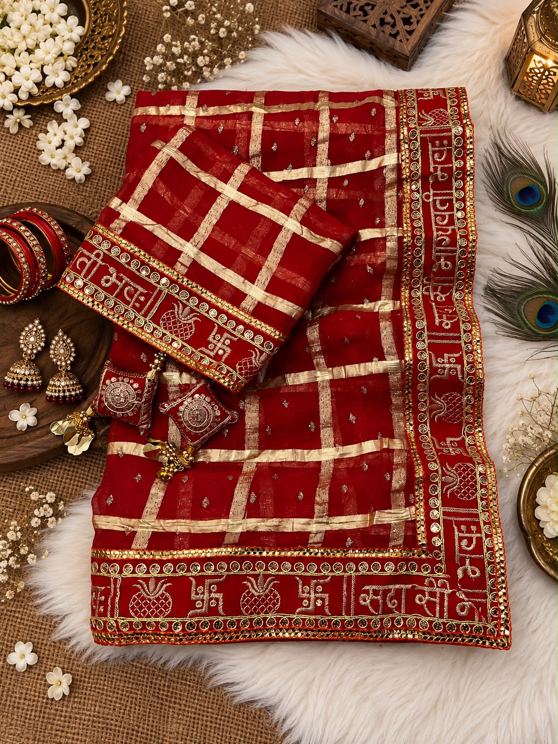सदा सौभाग्यवती भव Viscose Saree with Checks, Foil Work & Designer Lace