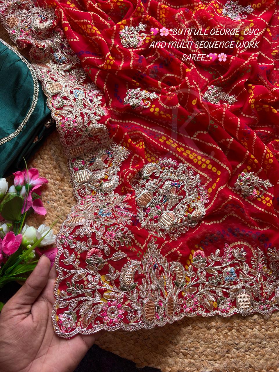 Bandhej Gota Patti Work Saree in Soft Georgette with Heavy Embroidery Border