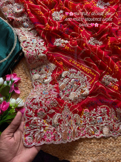 Bandhej Gota Patti Work Saree in Soft Georgette with Heavy Embroidery Border