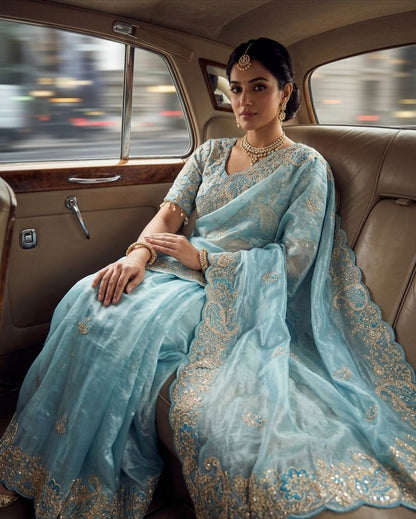 Elegant Crystal Crush Tissue Saree – Designer Embroidered Party Wear