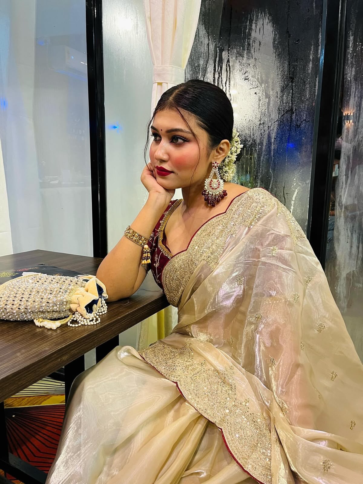 Cream Soft Jimmy Chuu Saree with Sequins & Zari Embroidery Work