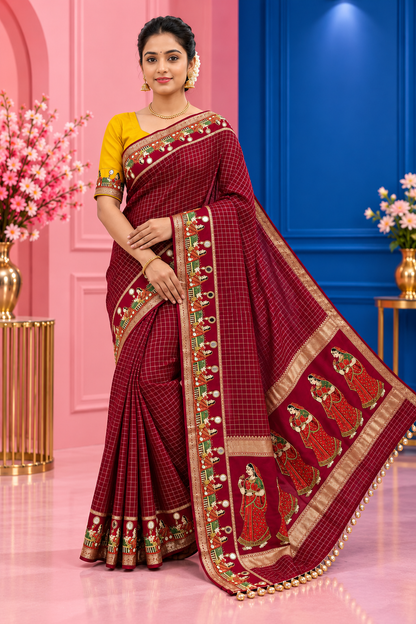 Karwa Chauth Special Viscose Checks Saree with Zari & Mirror Work Satin Border