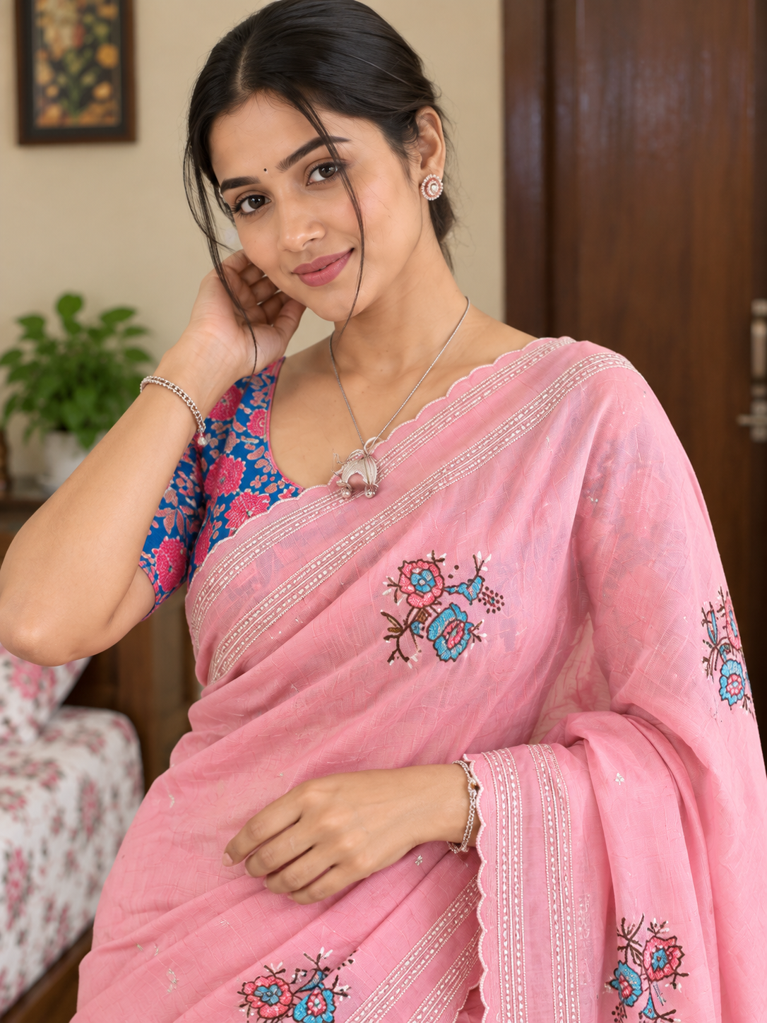 Star Georgette Saree with All Over Floral Embroidery & Digital Print Blouse