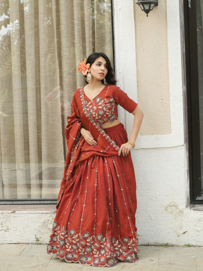 Designer Rust Orange Embroidery Lehenga Set