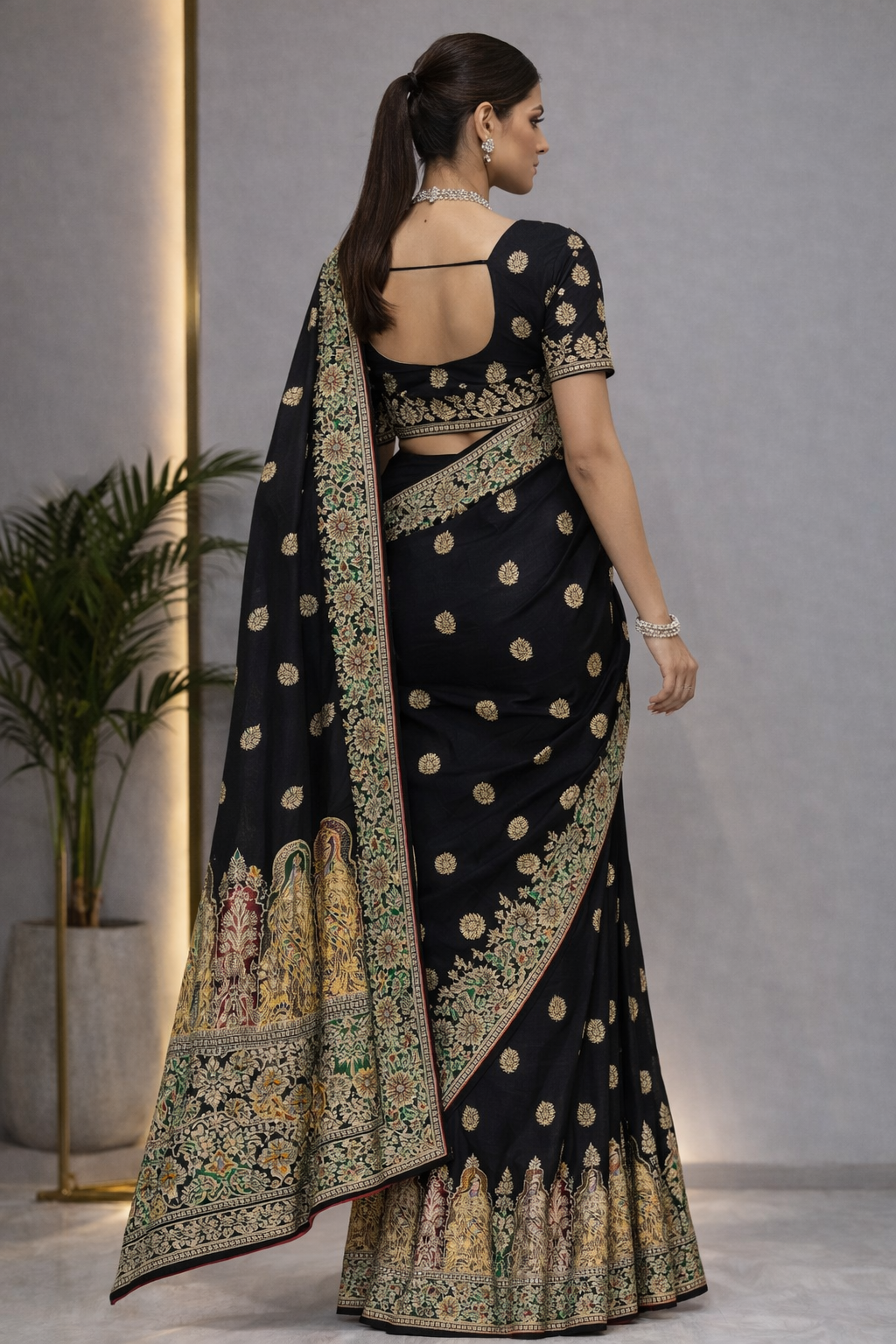 Pure Silk Meenakari Foil Print Designer Saree With Contrast Blouse