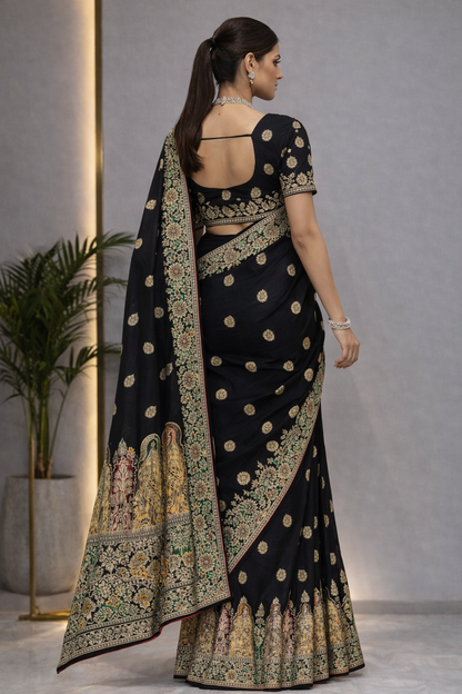 Pure Silk Meenakari Foil Print Designer Saree With Contrast Blouse