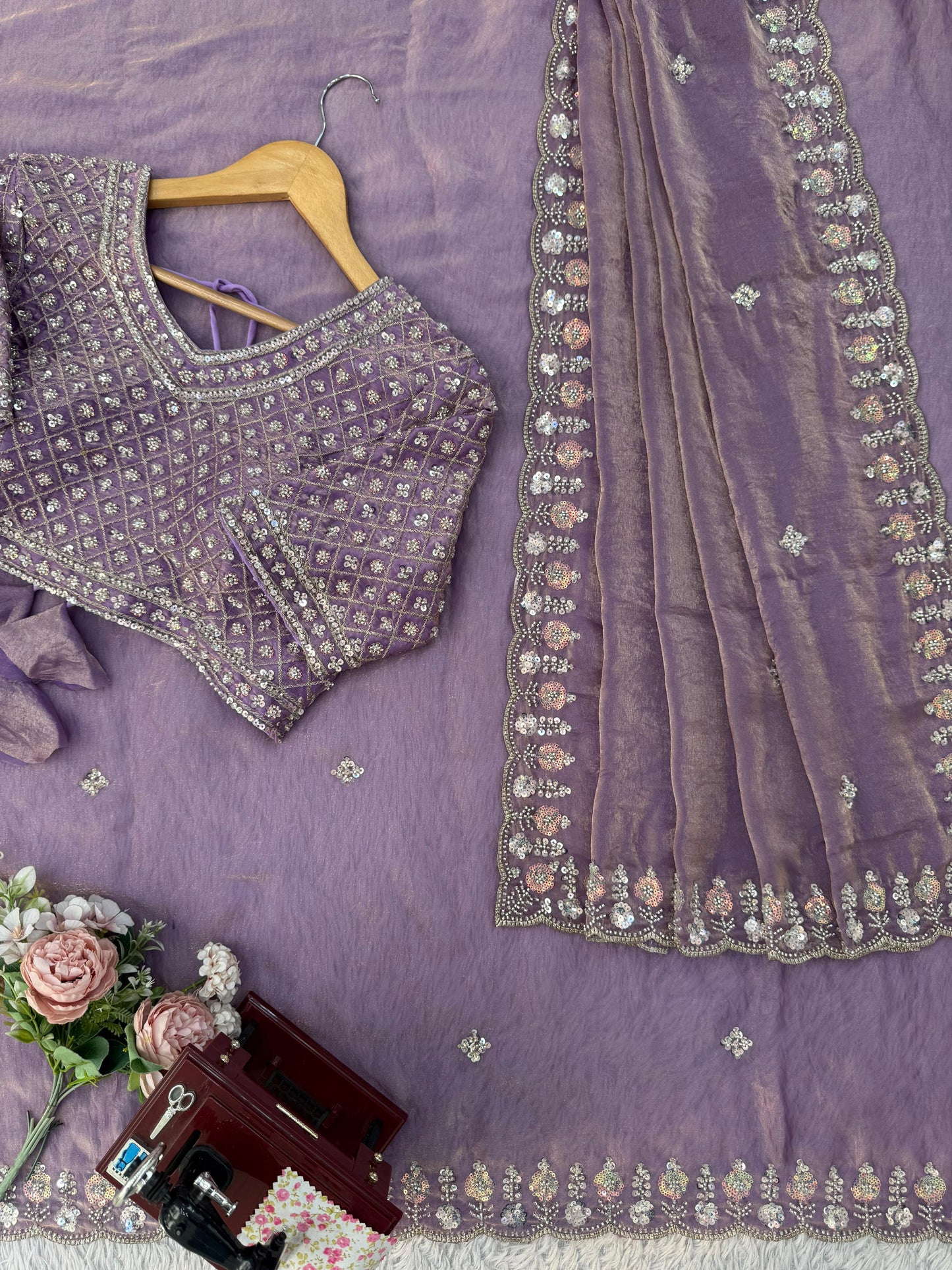 Women Lavender Fendy Silk Heavy Beads & Sequins Embroidered Designer Saree