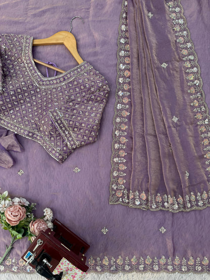 Women Lavender Fendy Silk Heavy Beads & Sequins Embroidered Designer Saree