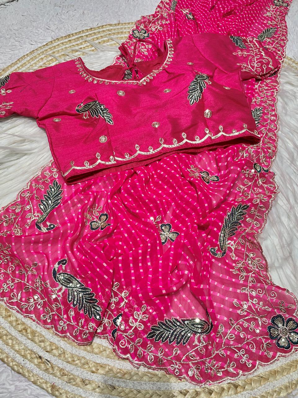 Georgette Muthda Saree with Peacock Thread Work & Cut Work