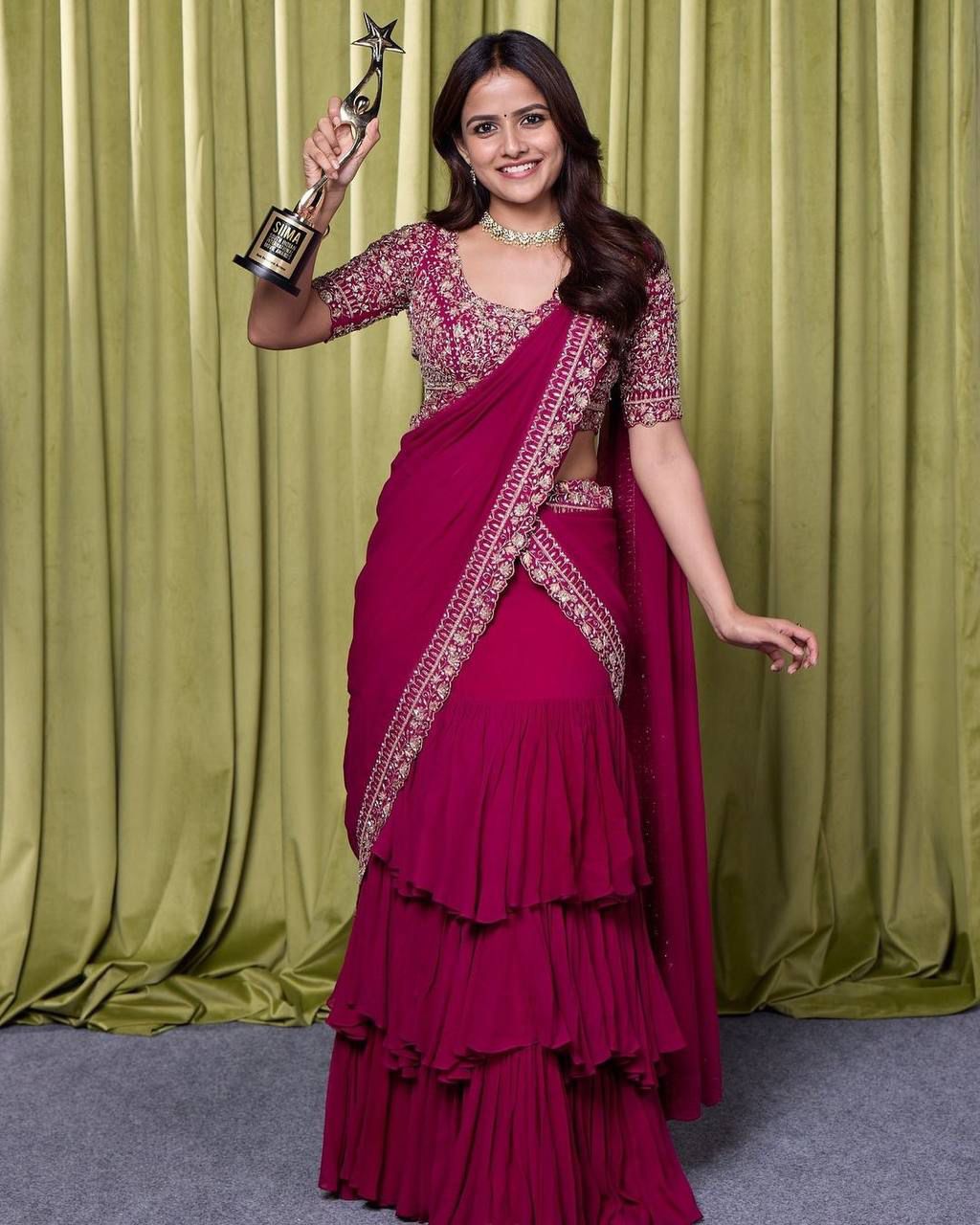 Designer Ruffle Lehenga Saree with Stitched Embroidered Blouse