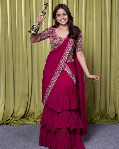 Designer Ruffle Lehenga Saree with Stitched Embroidered Blouse