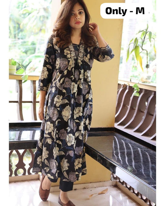 Best Seller Black Floral Printed Cotton Kurti | Only M Size