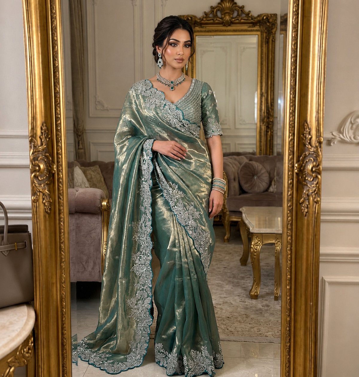 Soft Space Silk Satin Saree With Heavy Embroidery Sequence & Zari Work