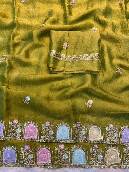 Star Satin Georgette Saree with Thread & Sequins Embroidery Border