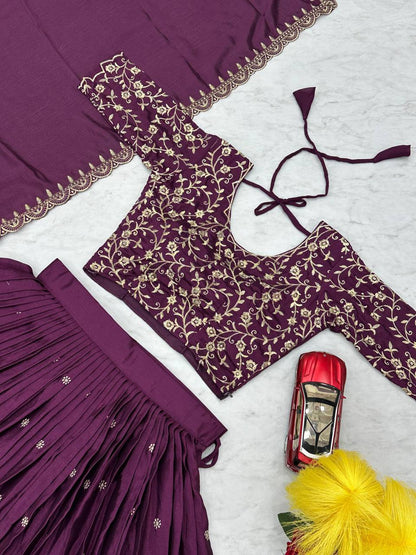 Purple Chinon Embroidered Festival Lehenga Choli Set