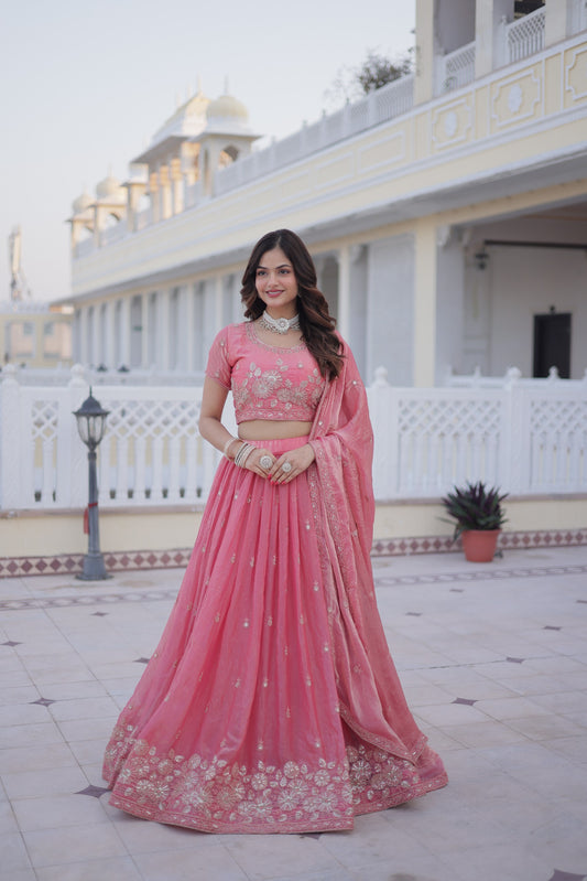 Women Pink Fendi Silk Embroidered Wedding & Party Wear Lehenga Choli