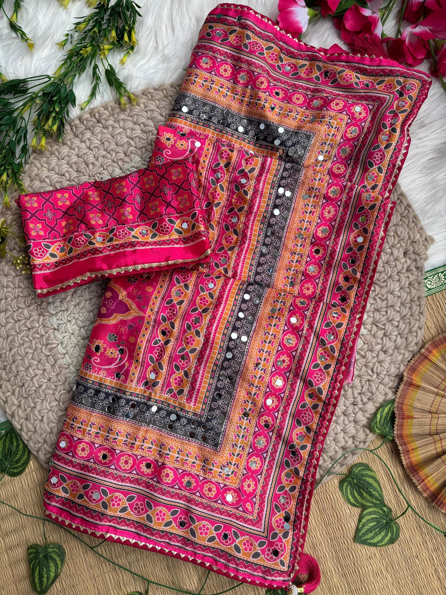 Karigari Soft Chinon Silk Digital Print Saree with Hand Aari Work & 2000+ Real Mirror Work