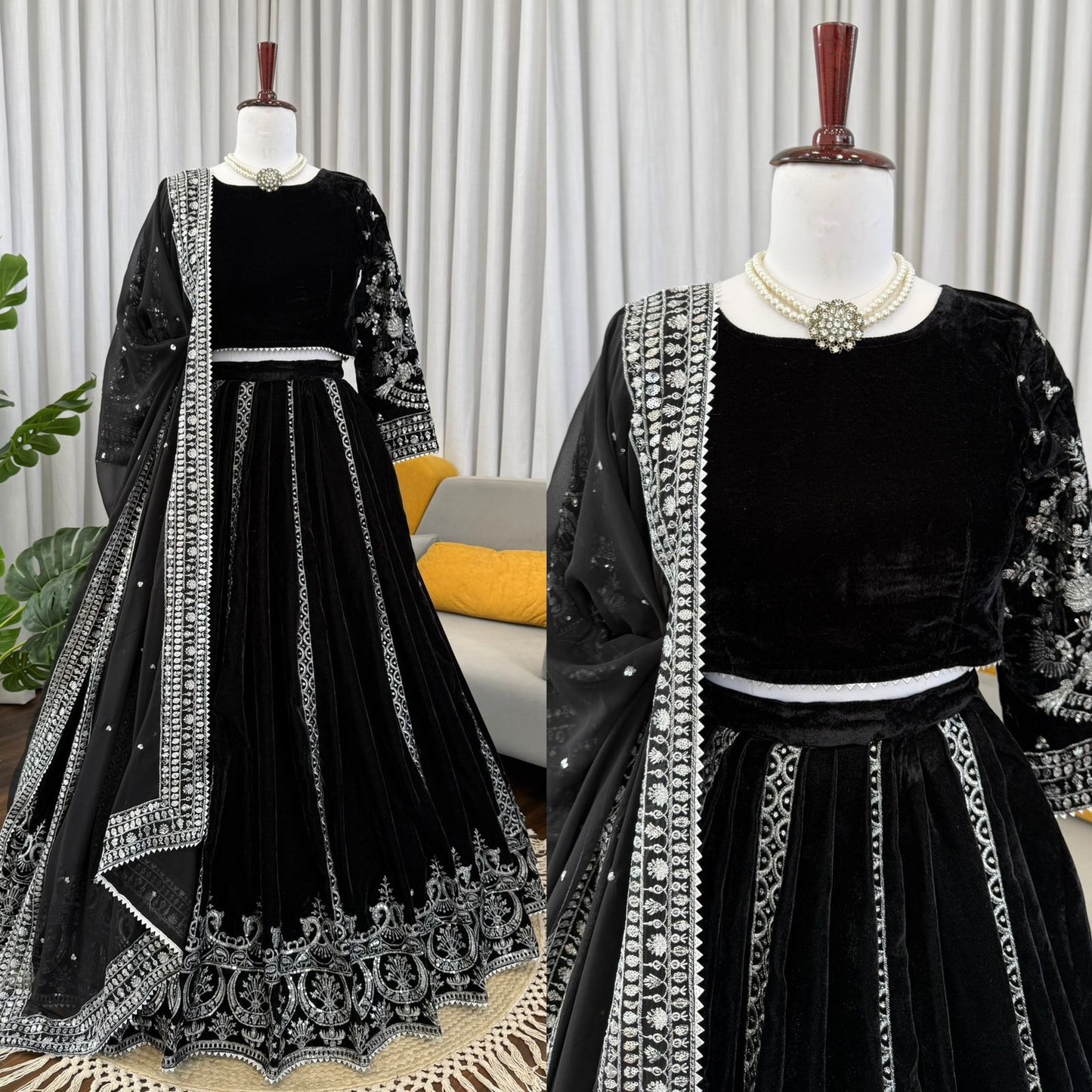 Elegant Black Velvet Lehenga Choli with Silver Thread & Sequence Work | Party Wear & Festive Collection