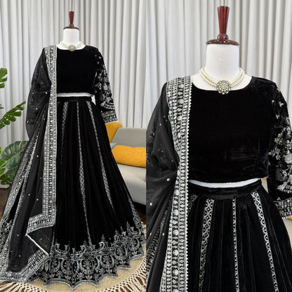Elegant Black Velvet Lehenga Choli with Silver Thread & Sequence Work | Party Wear & Festive Collection