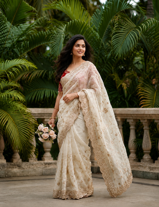Adhya Fendy Chiffon Two Tone Saree with Embroidery, 3mm Sequence Jari Work & Fully Stitched Blouse | 6 Colors