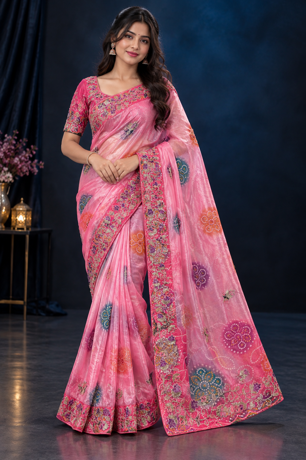 Soft Shine Space Silk Saree with Bandhej Print, C-Pallu Gotafoil Work & Butti