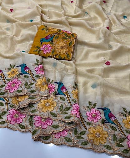 Rangoli Silk Saree with Heavy Floral Work Border & Contrast Designer Blouse