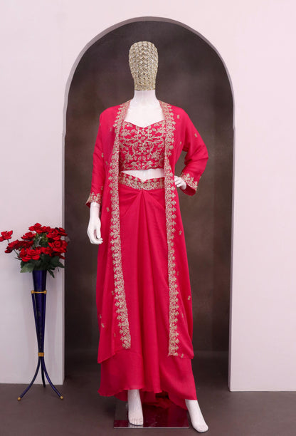 Premium Chinon Silk Embroidered Shrug Sharara Set – Party & Festive Wear