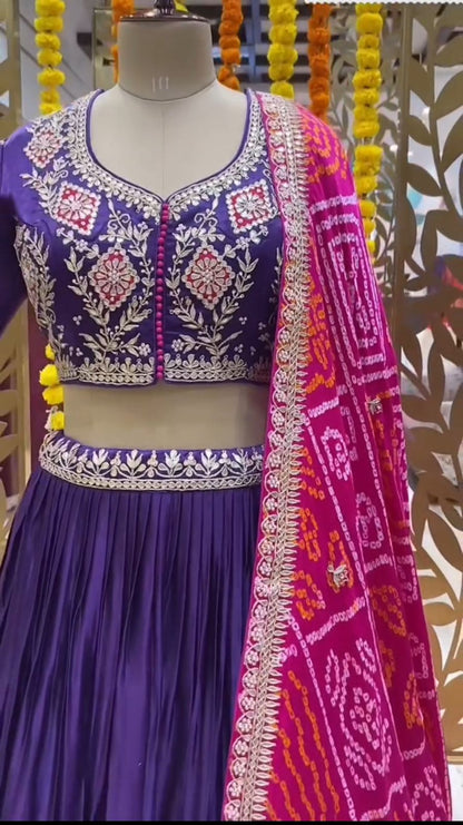 Purple Chinon Embroidery Lehenga Choli with Gotta Patti Work | Full Stitched